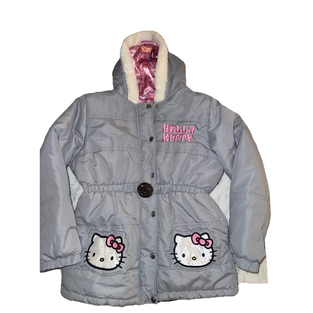 Hello Kitty Sanrio Grey Puffer Jacket‎ Hooded Faux Fur Trim Pink Lining Girls 12